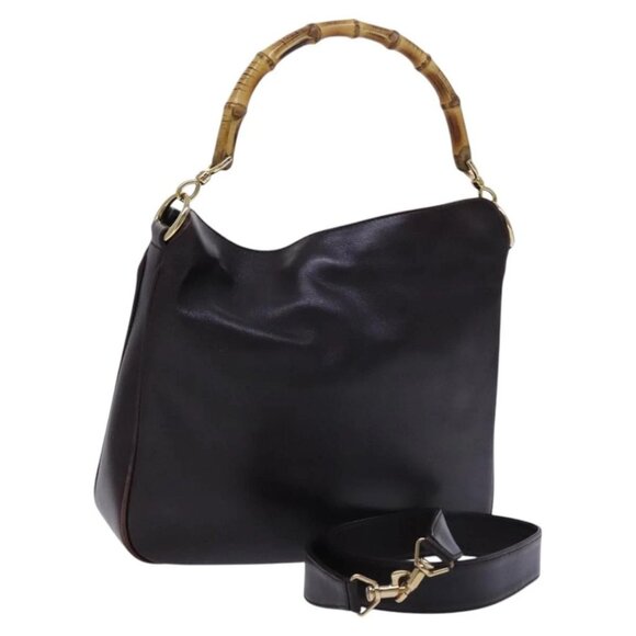GUCCI Bamboo Hand Bag Leather 2way Brown Gold - Picture 1 of 15
